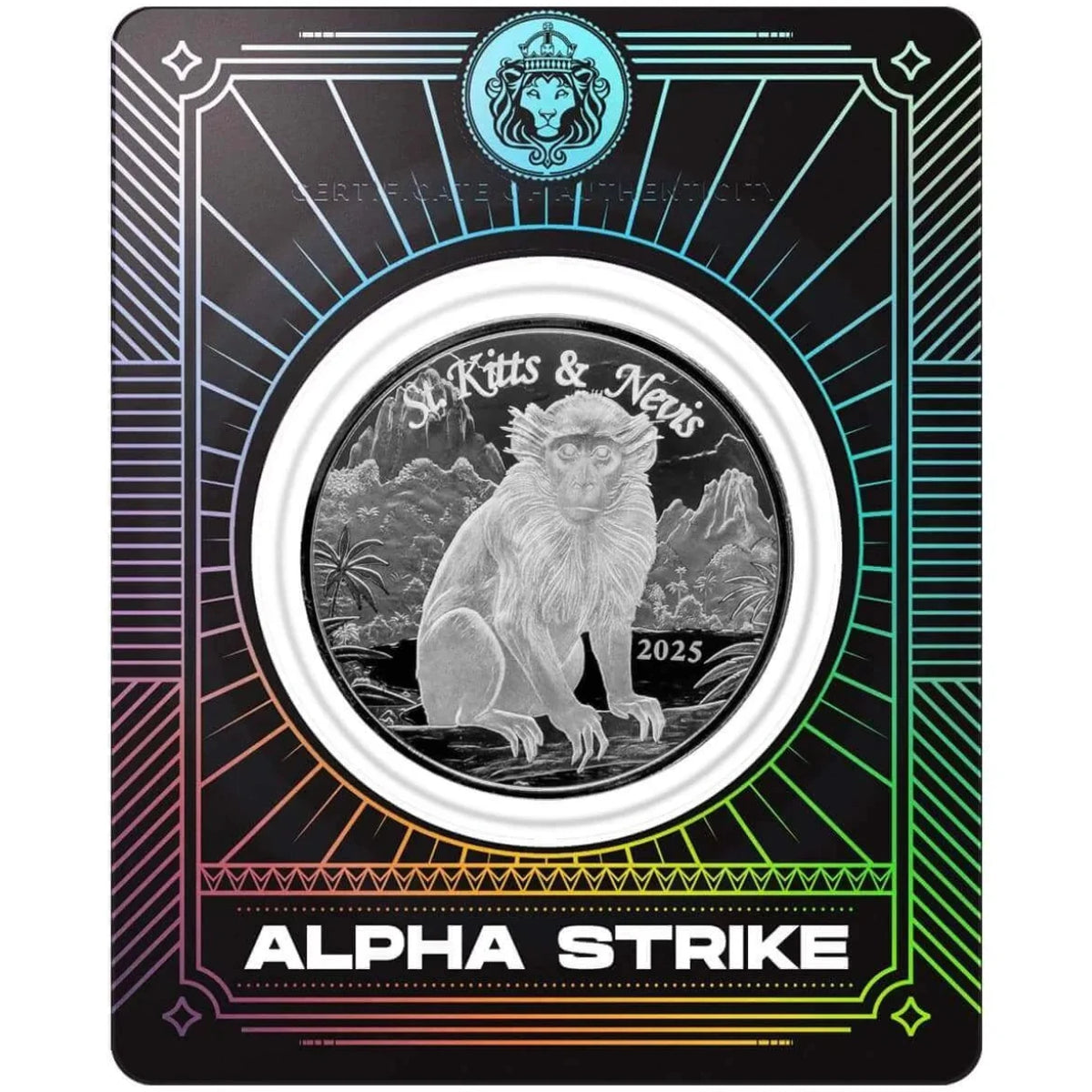 Alpha Strike 2025 St. Kitts & Nevis Green Vervet Monkey 1 oz Fine Silver Coin in Assay