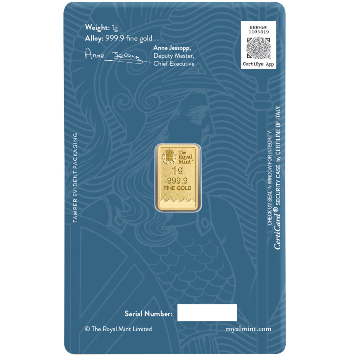 Britannia 1g Gold Bullion Minted Bar in Assay