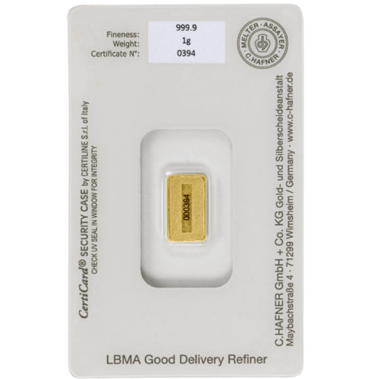 C-Hafner 1g Gold Minted Bar in Assay