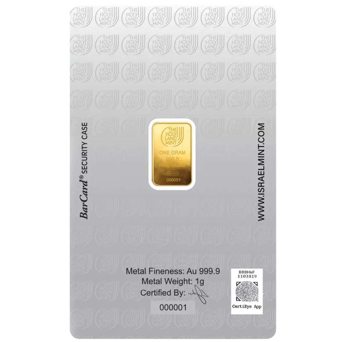 The Holy Land Mint Dove of Peace 1g Gold Bar in Assay