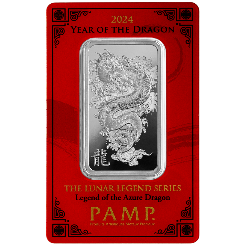 PAMP Lunar Legends 2024 Year of the Dragon 1 oz Silver Bar in Assay