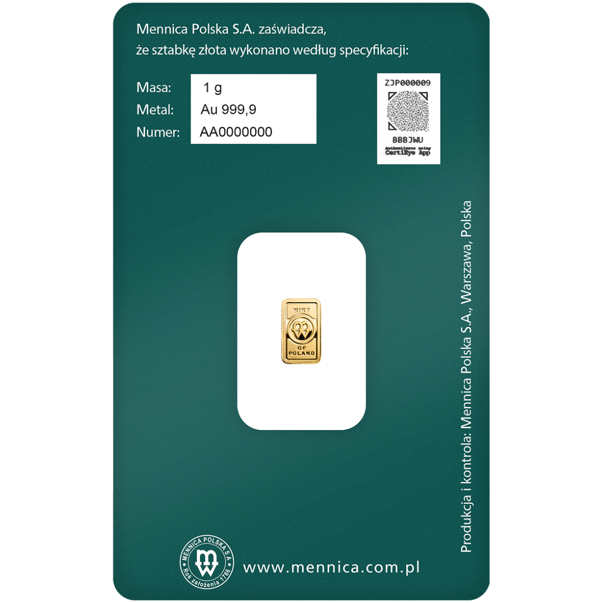 Mennica Polska 1g Gold Minted Bar in Assay