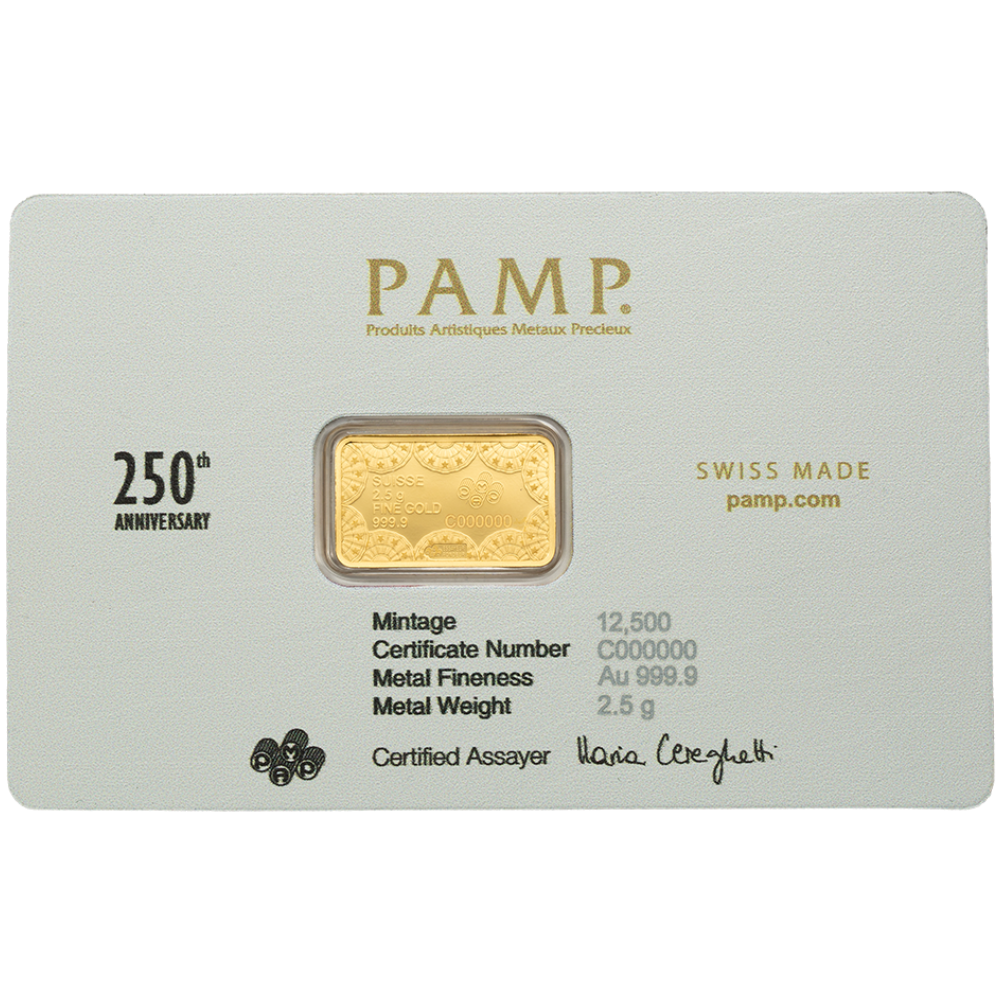 PAMP 250th Anniversary of the United States Vintage Gold Bar 2.5g in Assay