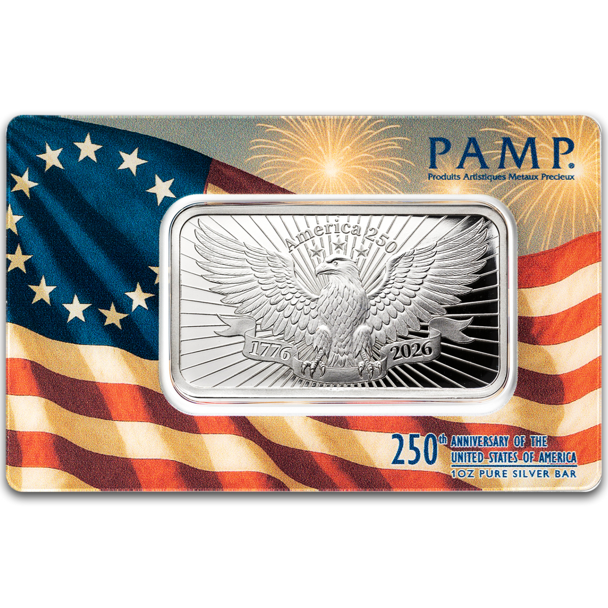 PAMP 250th Anniversary of the United States Vintage Silver Bar 1 oz in Assay
