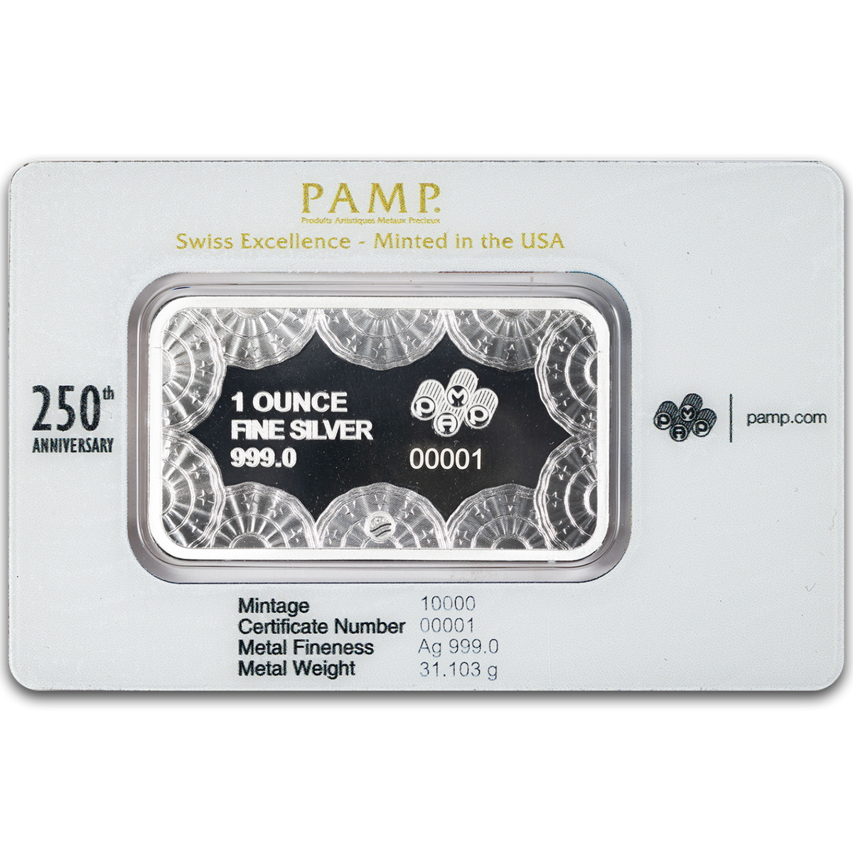 PAMP 250th Anniversary of the United States Vintage Silver Bar 1 oz in Assay
