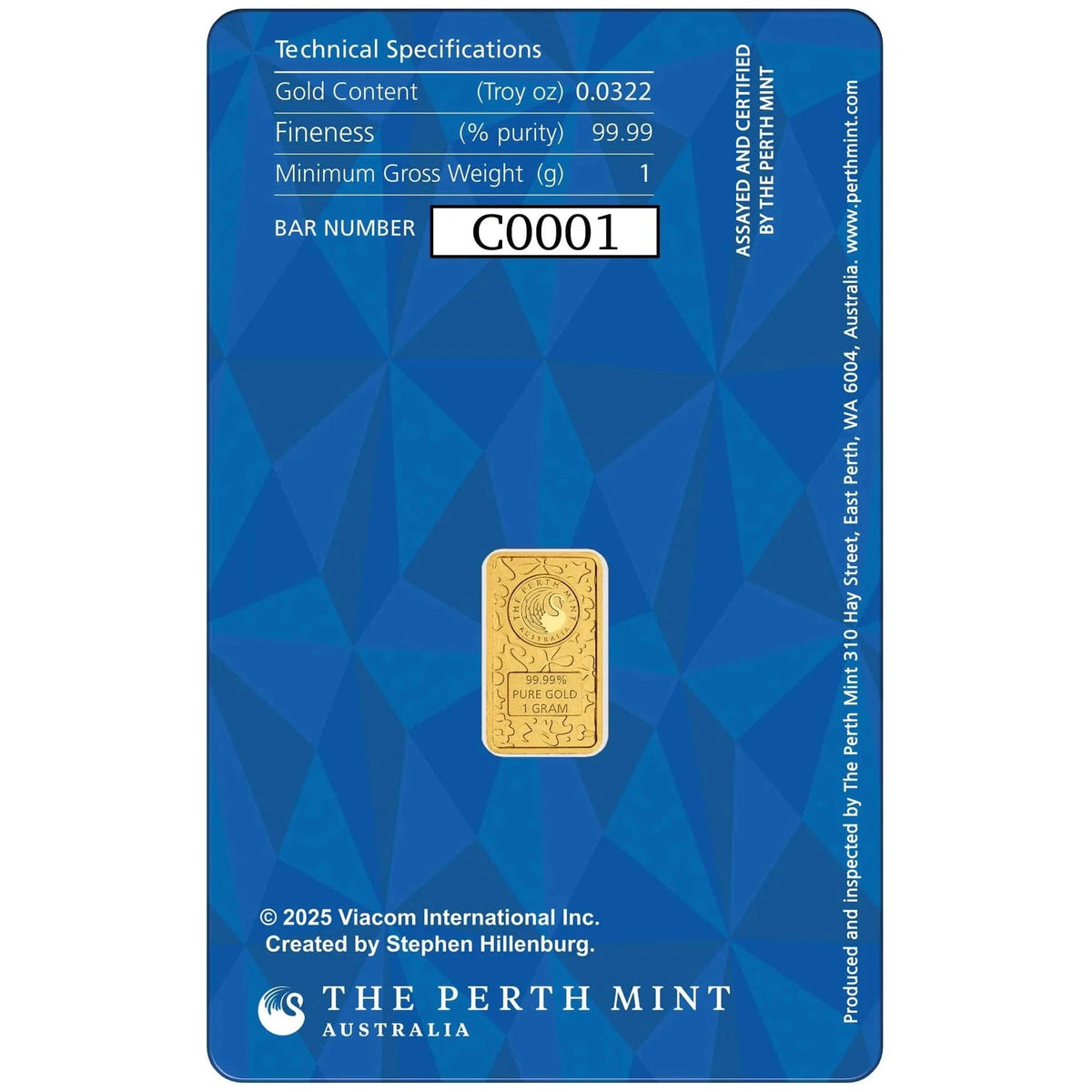 SpongeBob SquarePants 1g Gold Coloured Minted Bar in Assay