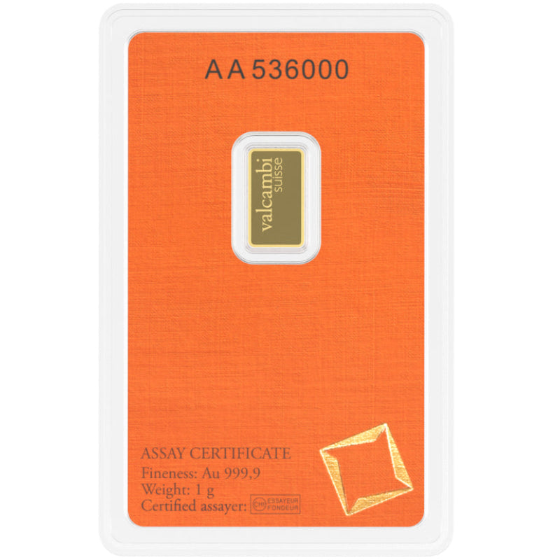 Valcambi Suisse 1g Gold Minted Bar in Assay